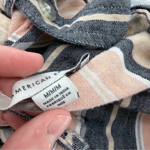 American Eagle Striped Button Front Romper Pink Grey - Picture 5 of 9